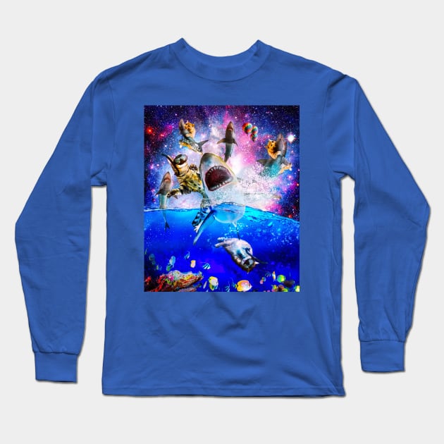 Rainbow Galaxy Cat Riding Shark In Space Long Sleeve T-Shirt by Random Galaxy